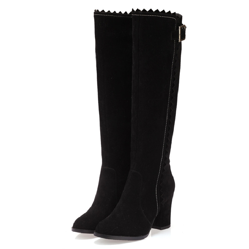 Suede Faxu Knee Boots Women Fashion Long Tall Boot Female Block High Heels ck Brown Autumn Winter Shoes Large Size 06a5