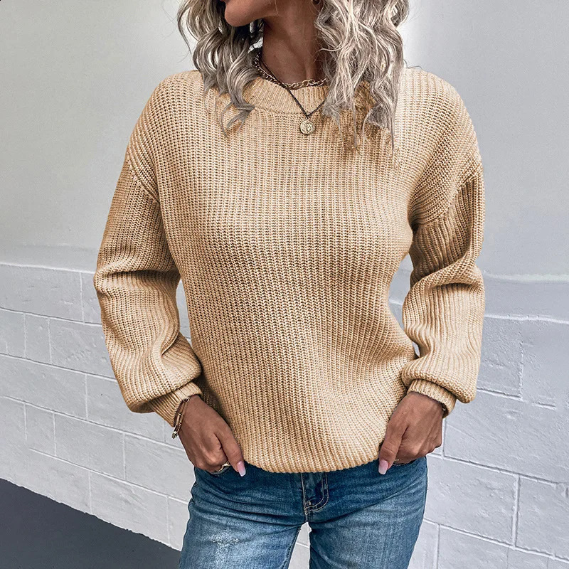 Women Top Sweater Womens Solid Color Autumn Winter Round Neck Pullover Lantern Sleeve 240730