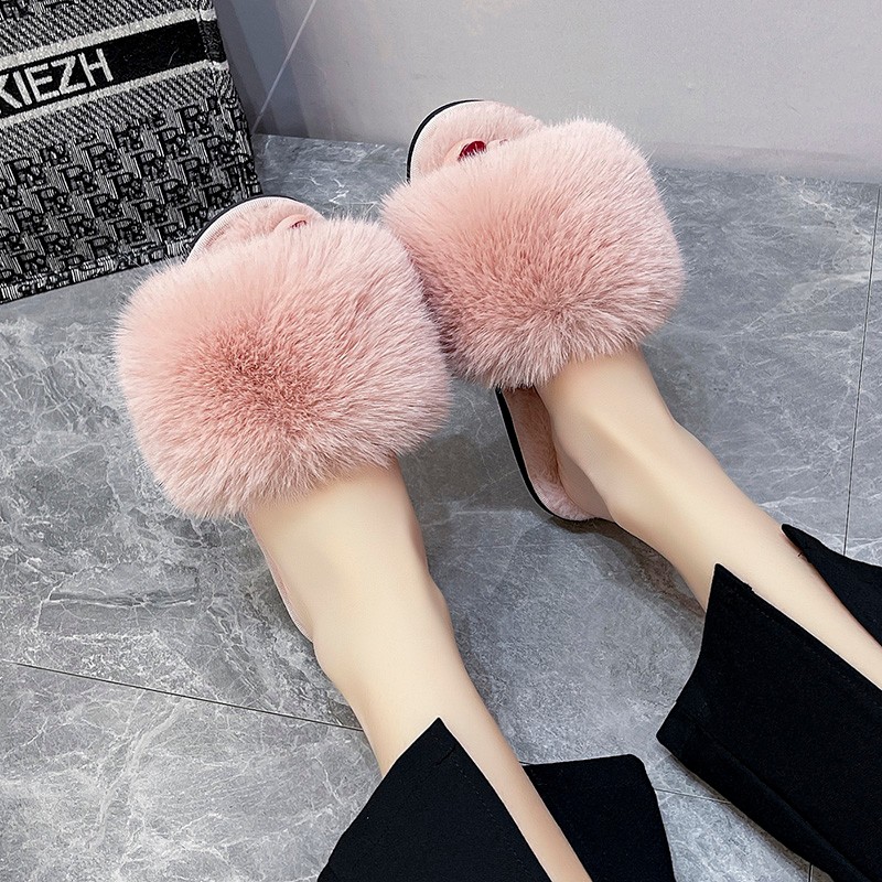 Winter Fur Slippers Home Women Indoor Furry Soft Fluffy Plush Platform Flat Cotton Slippers Luxury Designer Slides House Shoes