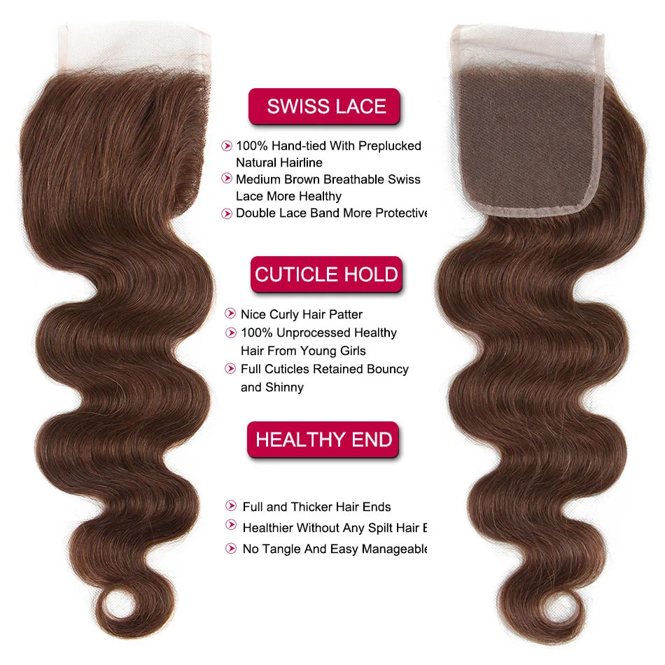 #4 Brown 4X4 Lace Remy Brazilian Human Chocolate Body Wave Closure With Baby Hair Hand Tied Transparent
