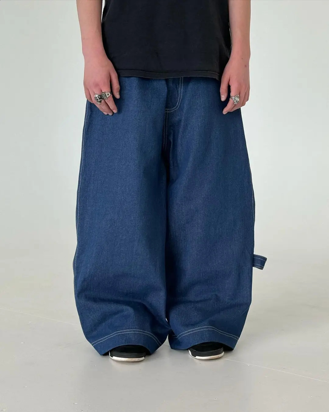 blue big pocket Skull printed loose Jeans Hip Hop streetwear fashion trend Straight pants casual Wide Leg pans Y2k 240806