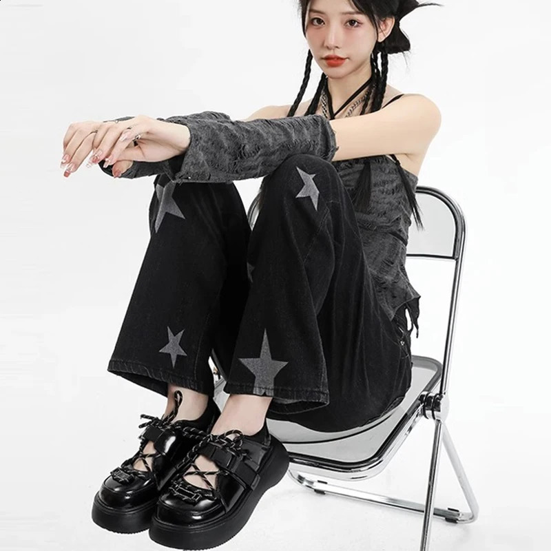 Fashion Style Vintage Star Decoration Jeans Girls High Street Y2k Denim Straight Leg Pants Lady Streetwear Punk Black Trousers 240806