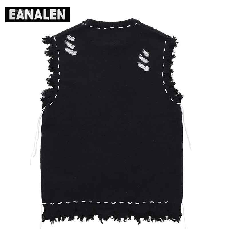 Harajuku Tattered fringed sweet vest womens y2k retro Korean oversized knitted ugly sleeveless mens aesthetic 240809