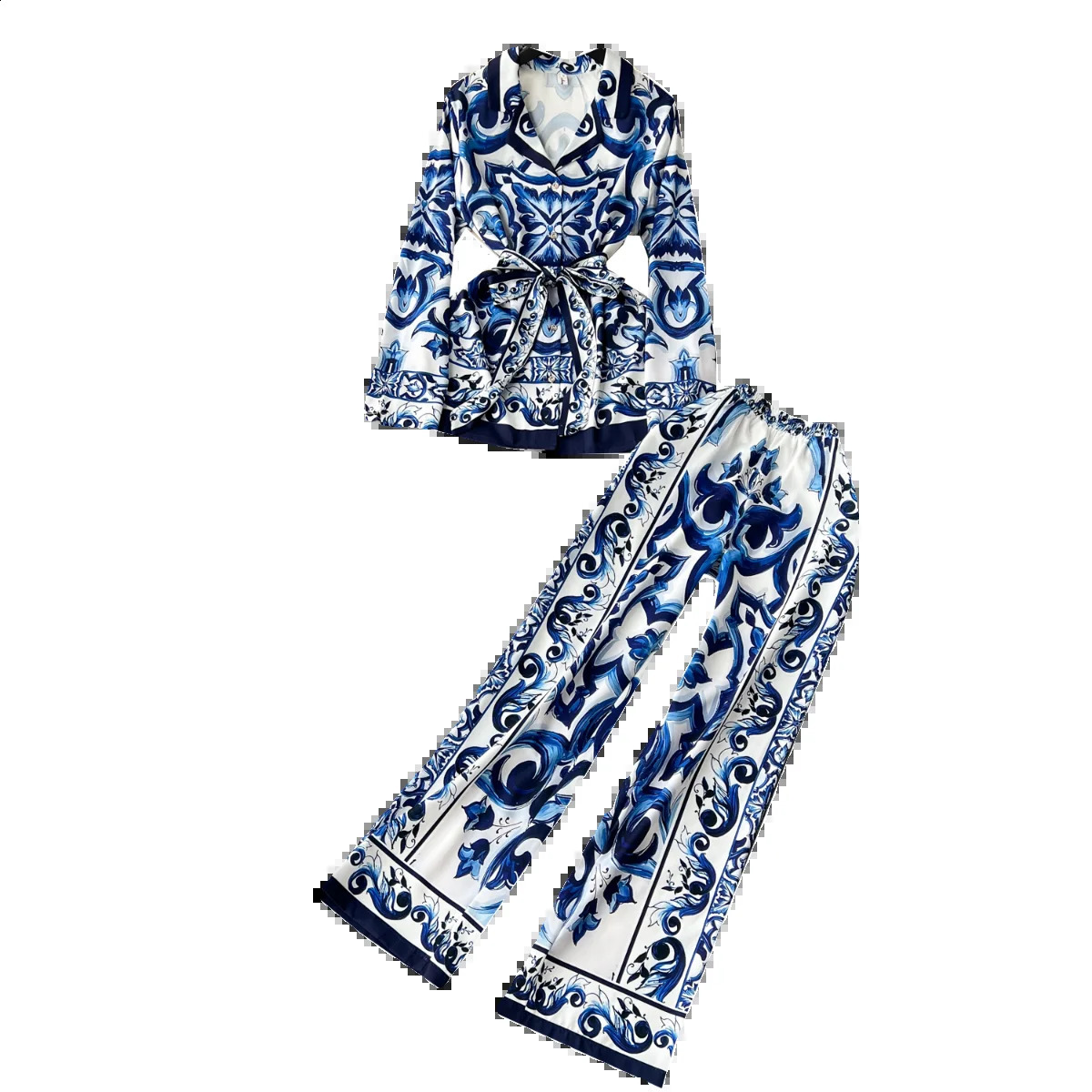 JAMERARY quality Two-piece Set For Women Notched Collar Red Blue White Porcelain Print Jackets Top Floral Wide Leg Pants Suits240730