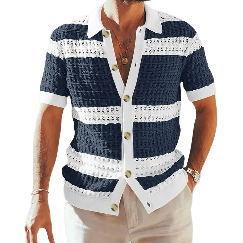 Ladiguard Plus size mens short sleeved knitted sweater summer cardigan American European fashion striped top beachwear 240812