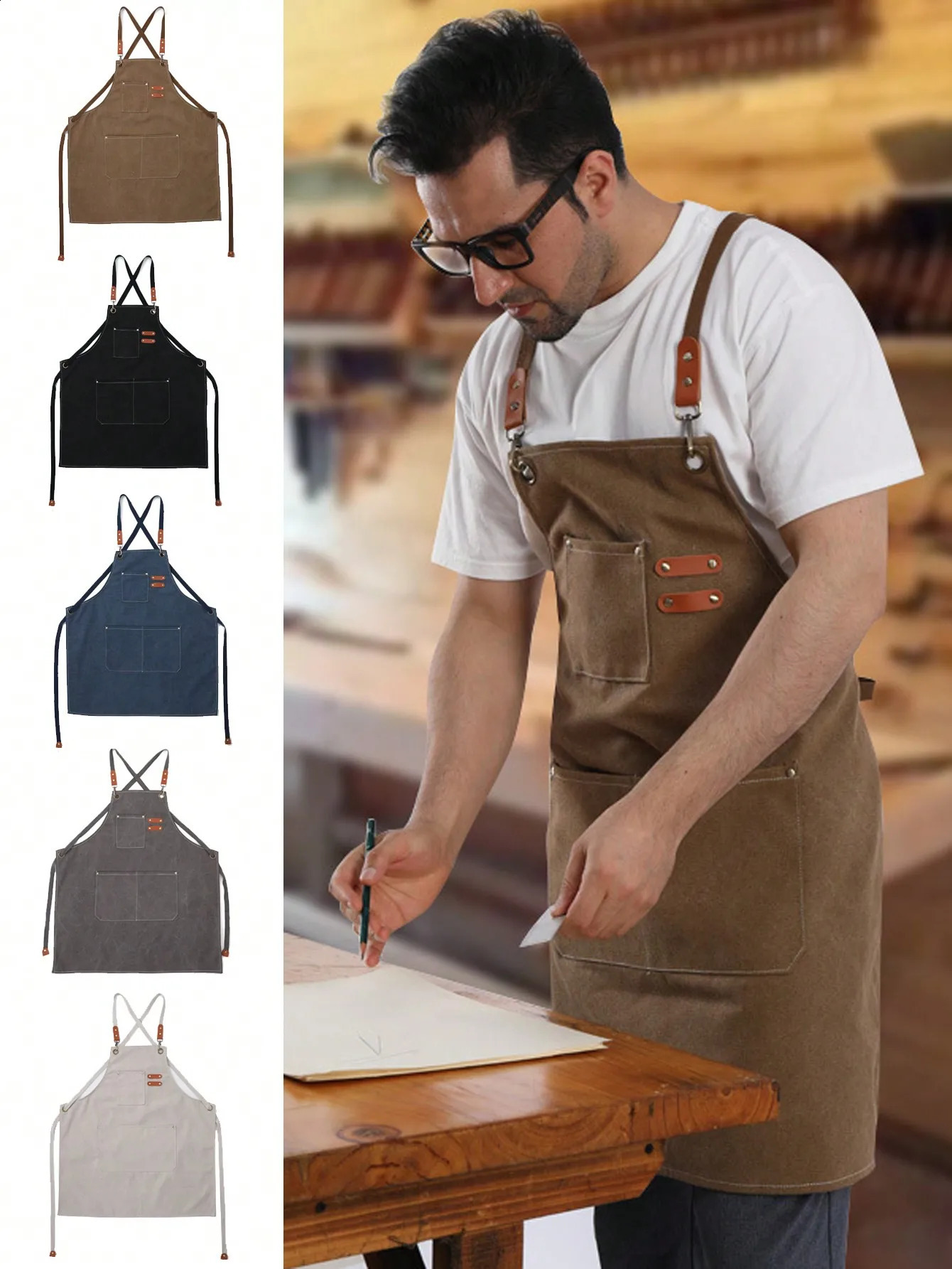 Leeseph Chef Apron Canvas Cross Back Apron with Pockets for Women and Men Adjustable Strap and Large Pockets Apron Kitchen Cook 240730