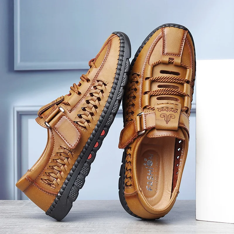Summer Men Leisure Breathable Comfort Mens Beach Shoes Fashion Solid Hand Sewn Male Flat Casual NEW Leather Sandals 801c