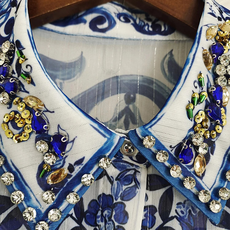 JAMERARY Runway floral print Beaded Crystal Long Sleeve Maxi Shirt Dress Women Blue White Porcelain Faux Silk Chiffon Vestidos240730