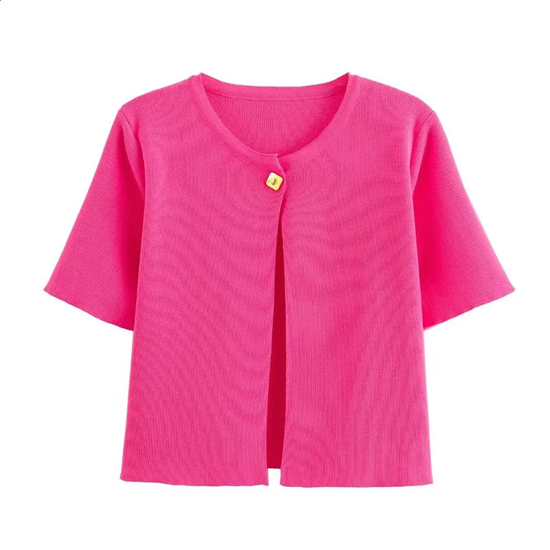 greatguy Thin Knitted Women Cardigan Jacket Traf Autumn Short Sleeve Metal Button Sweater Coat Female Crop Top Y2K Outwear 240730