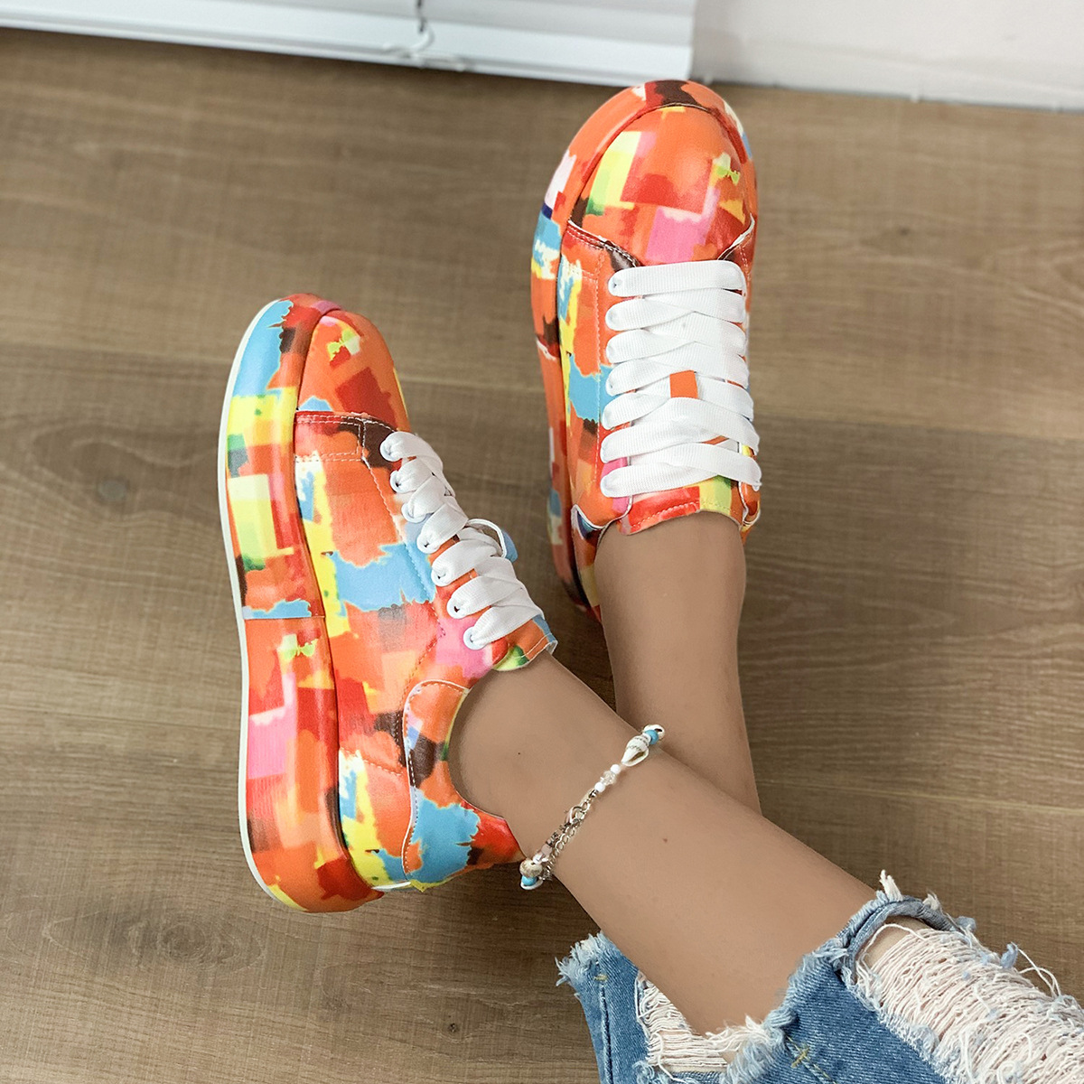 Sizes 35-43 Autumn Graffiti Sneakers for Women Large Size Sneakers Fashion Couple Shoes Young People Men Colored Drawing Flats