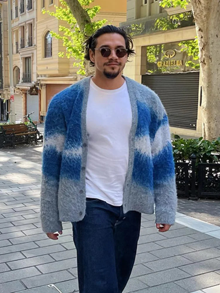 Fashion tie dye cashmere sweater cardigan mens long sleeved single chest knitted jacket autumn thick warm wool 240809