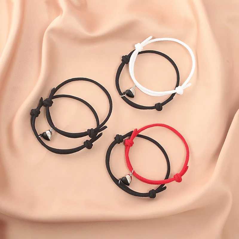Romantic 2-piece/pair magnet couple bracelet adjustable matching bracelet rope black and white heart-shaped bracelet lover giftW240730
