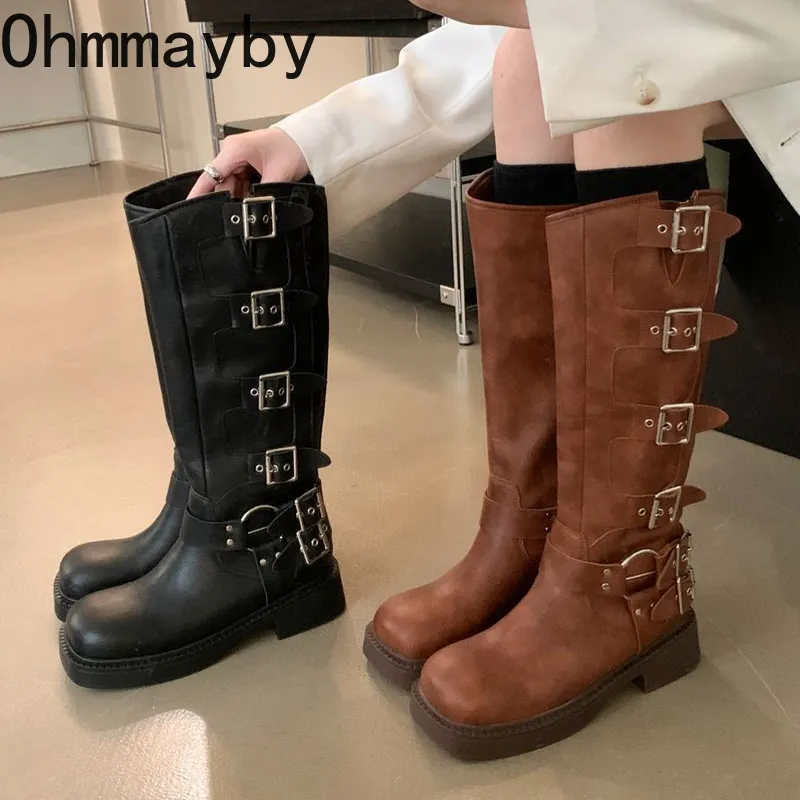 Winter High Women Boots Fashion Metal Decoration Knee High Boots 2024 Female Autumn Winter Girl's Knight Boots Shoes