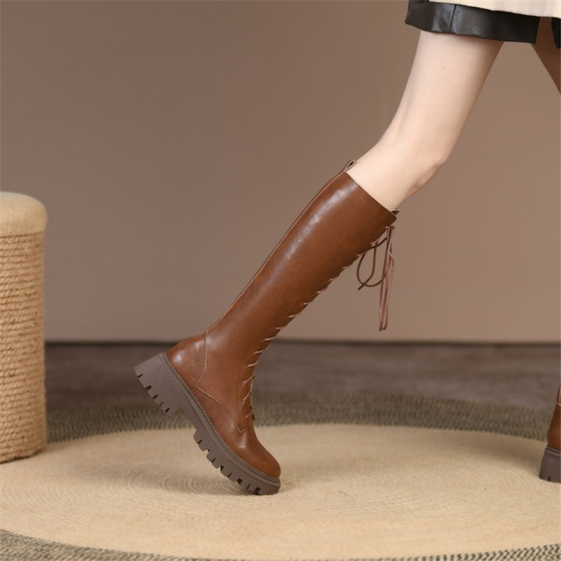 Knee-High New Winter Split Leather Chunky High Solid Platform Shoes for Women Knight Boots 98cb