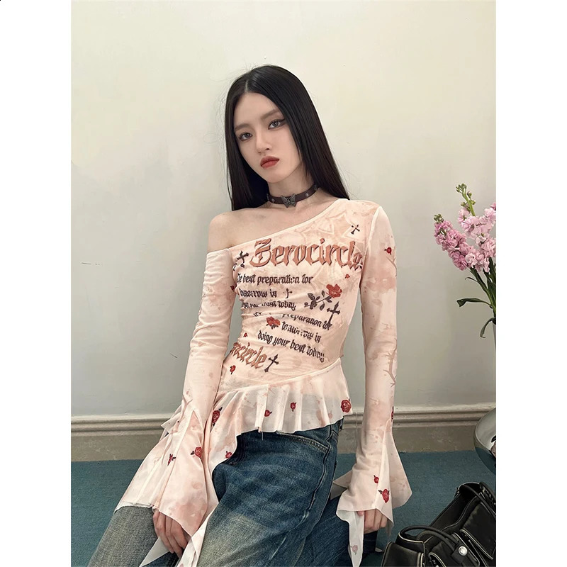 Yedinas Streetwear Flare Sleeve Mesh Tops Long Korean Fashion Off Shoulder Print T Shirt Women Clothes Ladise Y2k 240729