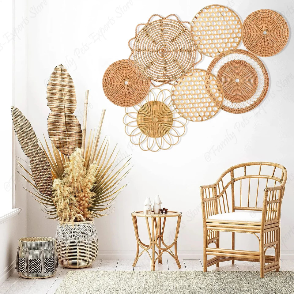 7Pcs Boho Rattan Wall Decor Hanging Woven Baskets Decor Bohemian Home Decor Handmade Wicker Wall Decor for Bedroom Farmhouse 240730