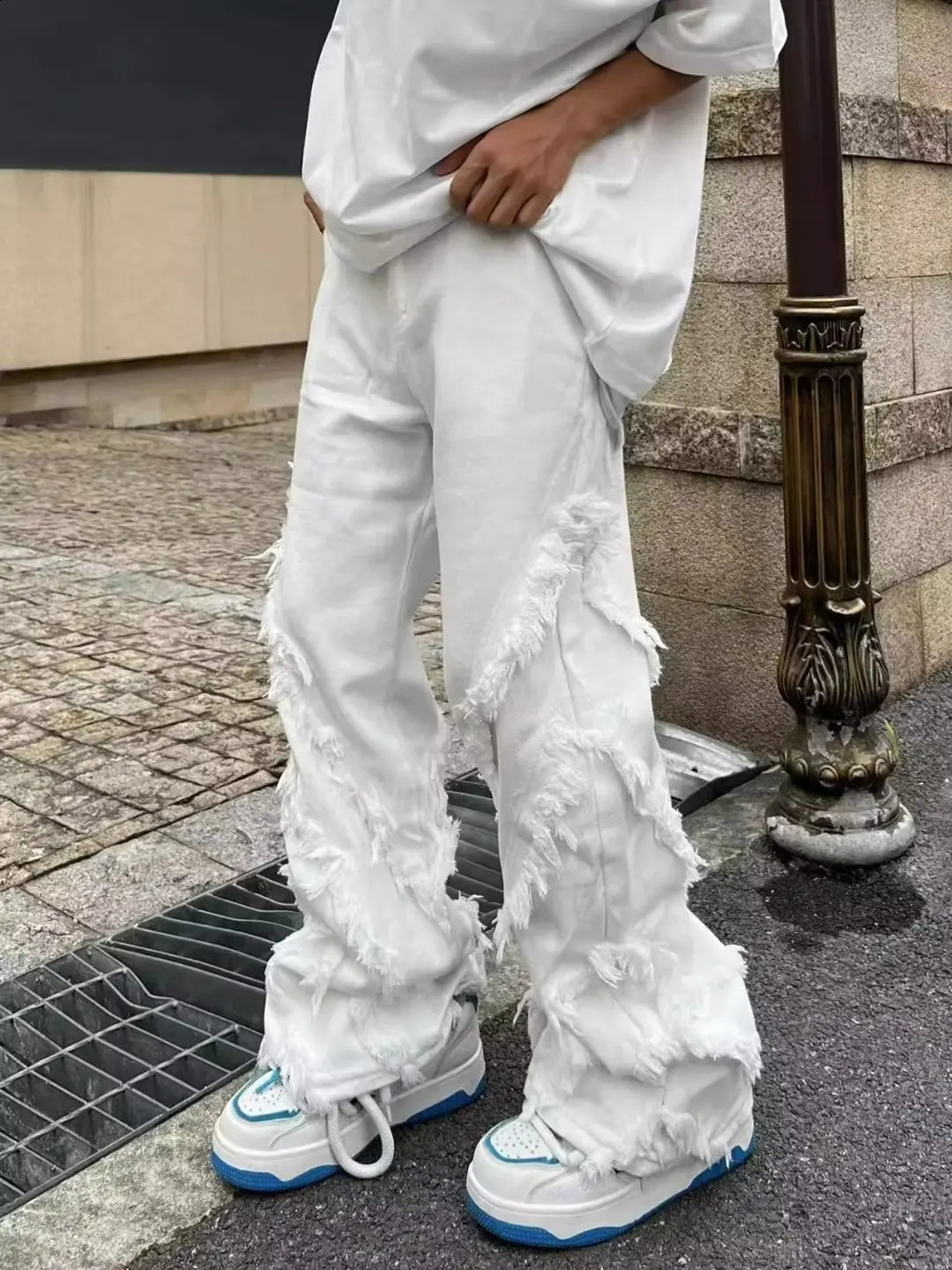 American style Erosion Damage Primitive Edge Street Jeans Harajuku Style Hip Hop Dance Straight White Womens Y2k Clothing 240812