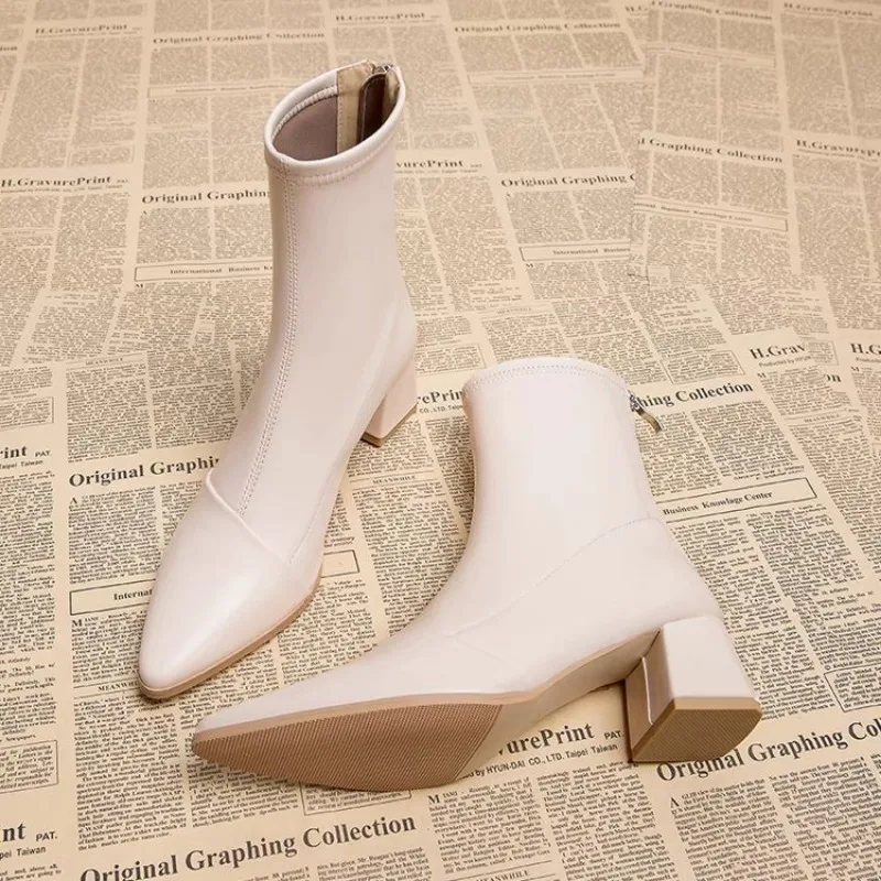 Ankle Boots for Women's Thick Heel Spring Summer Autumn Single Boots 2023 New Pointed High Heels Shoes Mid-heel Fashion