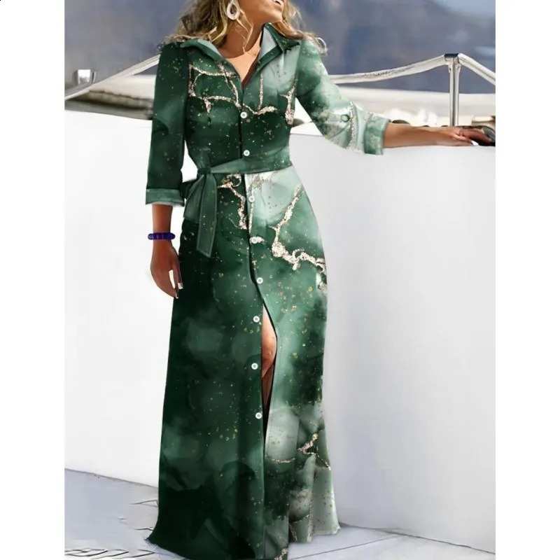 2024 Spring Fashion Long Sleeved Print Lace-Up Shirt Dress For Women Turn Down Collar Single Breasted Maxi Dress Femme Robe240730