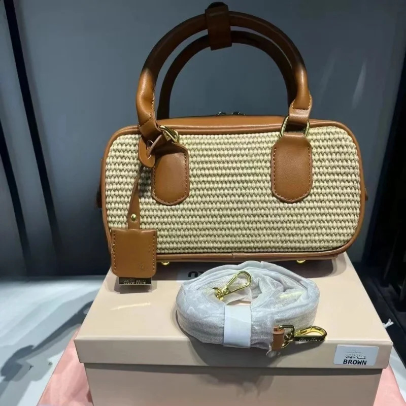 Small Square Bag Weave Boston Straw Pillow Shape Single Shoulder Bags PU Leather Handle Lady Fashion Handbags with Strap 240730