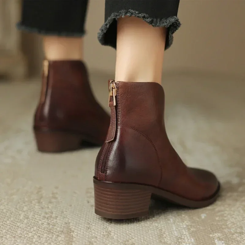 Women Pointy Brown Ankle Boots High Heels Shoes Woman Vintage Chelsea Boots Autumn PU Leather Femme Mid-heel Stubby Ankle Boots
