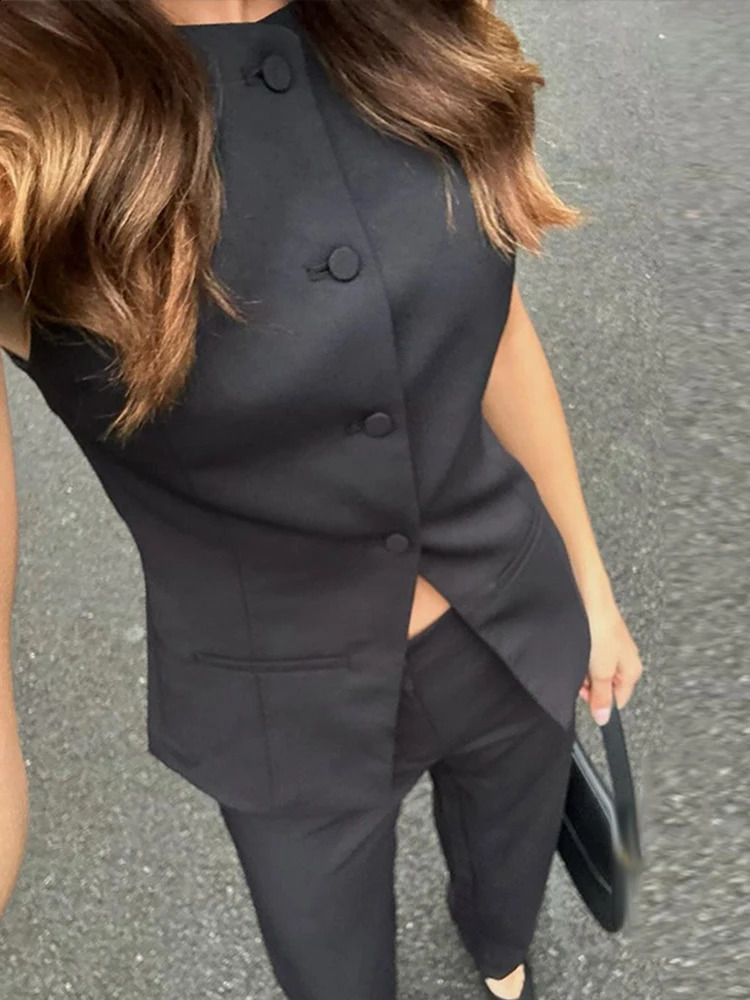 Elegant Vest Pants Set 2 Pieces Sleeveless Oneck Single Breasted Top High Waist Wide Pant 2024 Summer Office Lady Outfit y240810