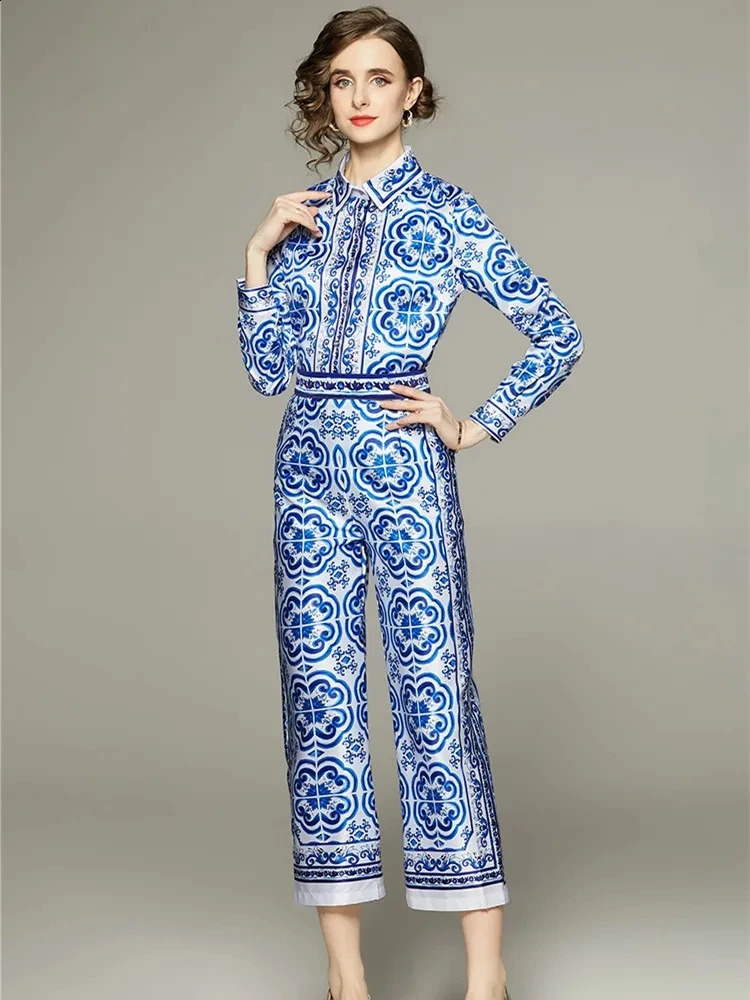 Spring Summer Blue And White Porcelain Flower Print Satin Suit Womens Long Sleeve Shirt Top Ankle Wide Leg Pants Set Outfits240730