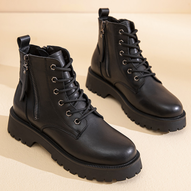 Genuine Leather Marton Boots Women Autumn 2024 New Double Zipper Women's Ankle Boots Platform Thick Heel Motorcycle Boots Women