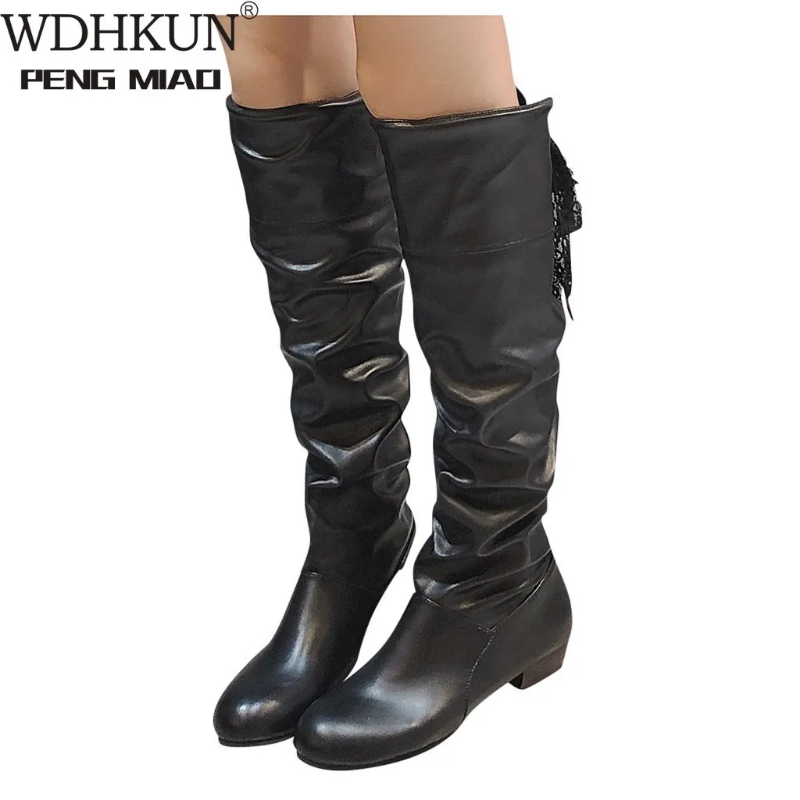 Spring Fashion Women Boots Botas Female Stretch PU Leather Shoes Woman Black Red White Roma Knee-Length 74f1