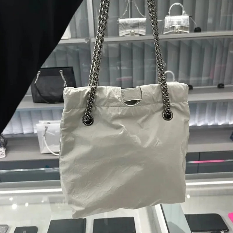23 Crush Garbage Bags Large Capacity Foldable Tote Handle Single Shoulder Crossbody Chain Bag Made Top Layer Cowhide 240730