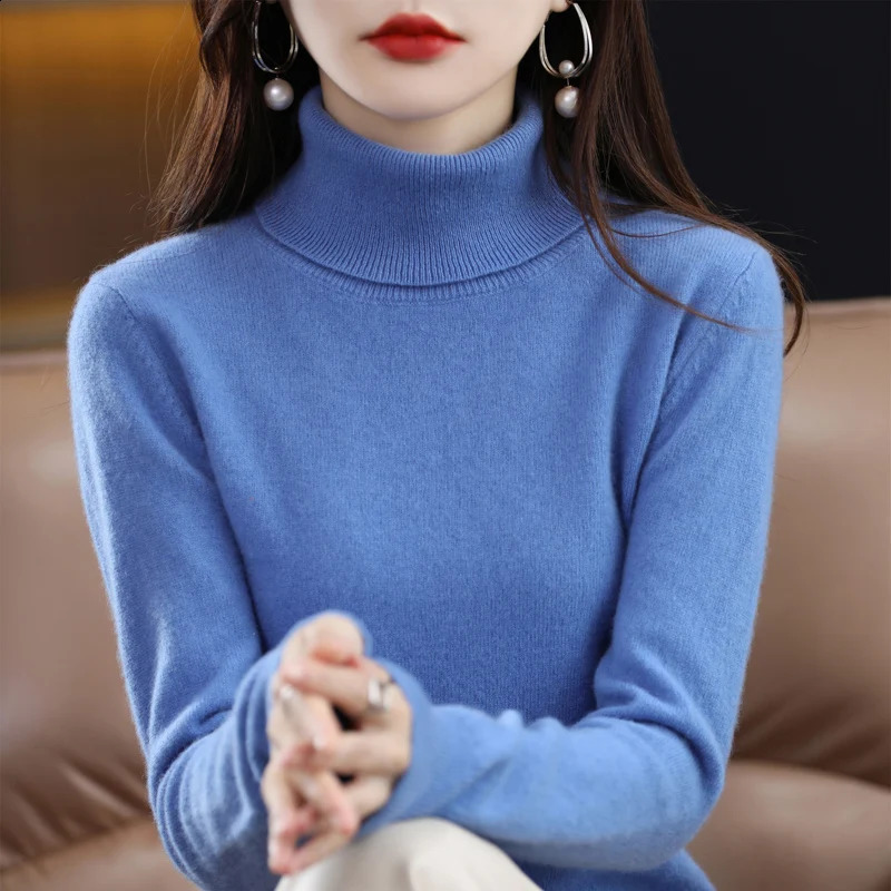100% Merino Wool Cashmere Sweater Women Knitted Turtleneck Long Sleeve Pullovers Autumn Winter Clothing Warm Jumper Tops 240730