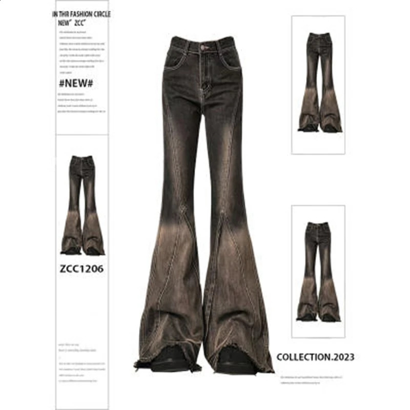 Women Brown Black Flare Jeans Vintage Y2k 90s Aesthetic Baggy Denim Trousers Emo 2000s Harajuku Wide Cowboy Pants Trashy Clothes 240806