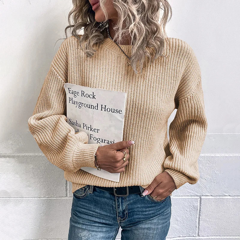 Women Top Sweater Womens Solid Color Autumn Winter Round Neck Pullover Lantern Sleeve 240730