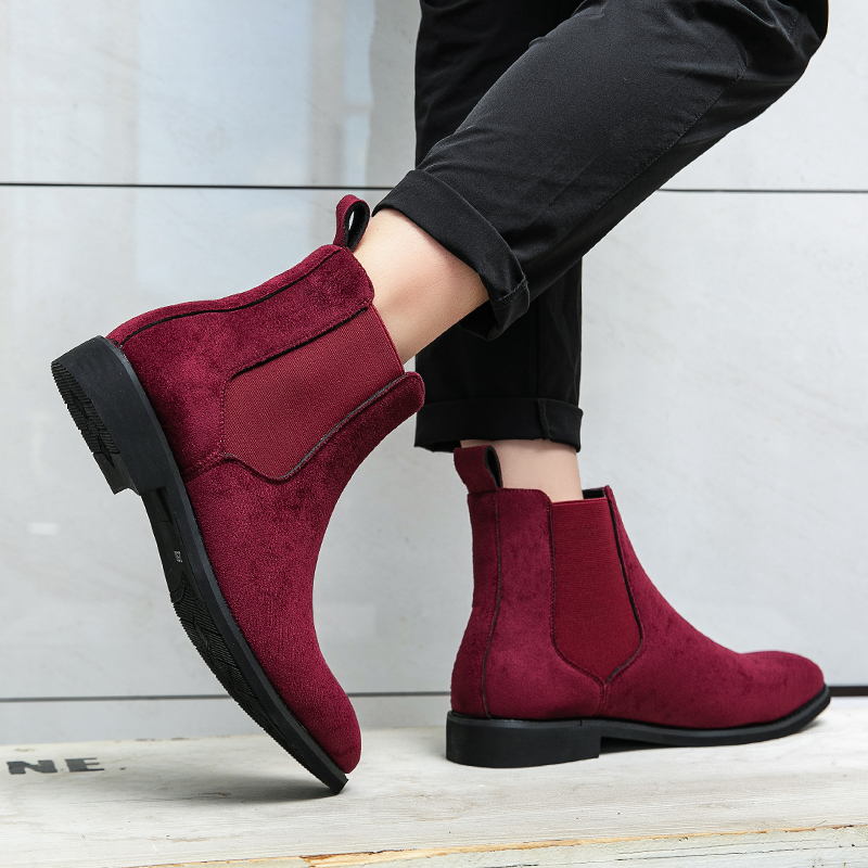 38~48 Mens Suede Leather Classic Red Black Designer Business Casual British Style Male Slip-On Fashion Ankle Boots 44b2