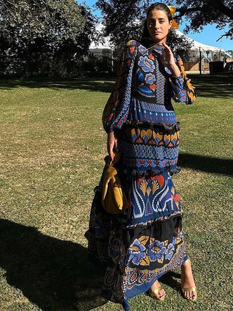 Vintage Print Dress Women Elegant Fashion Long Sleeves Soft Chic Robe Female 2024 Spring Summer Casual Loose Party Dresses Lady240730