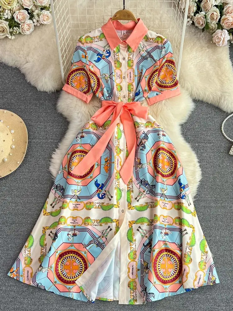 Summer Vintage Short Sleeve Lapel Shirt Dress Womens Star Chain Horse Printed Single Breasted Sashes Lace Up Midi Vestidos240730