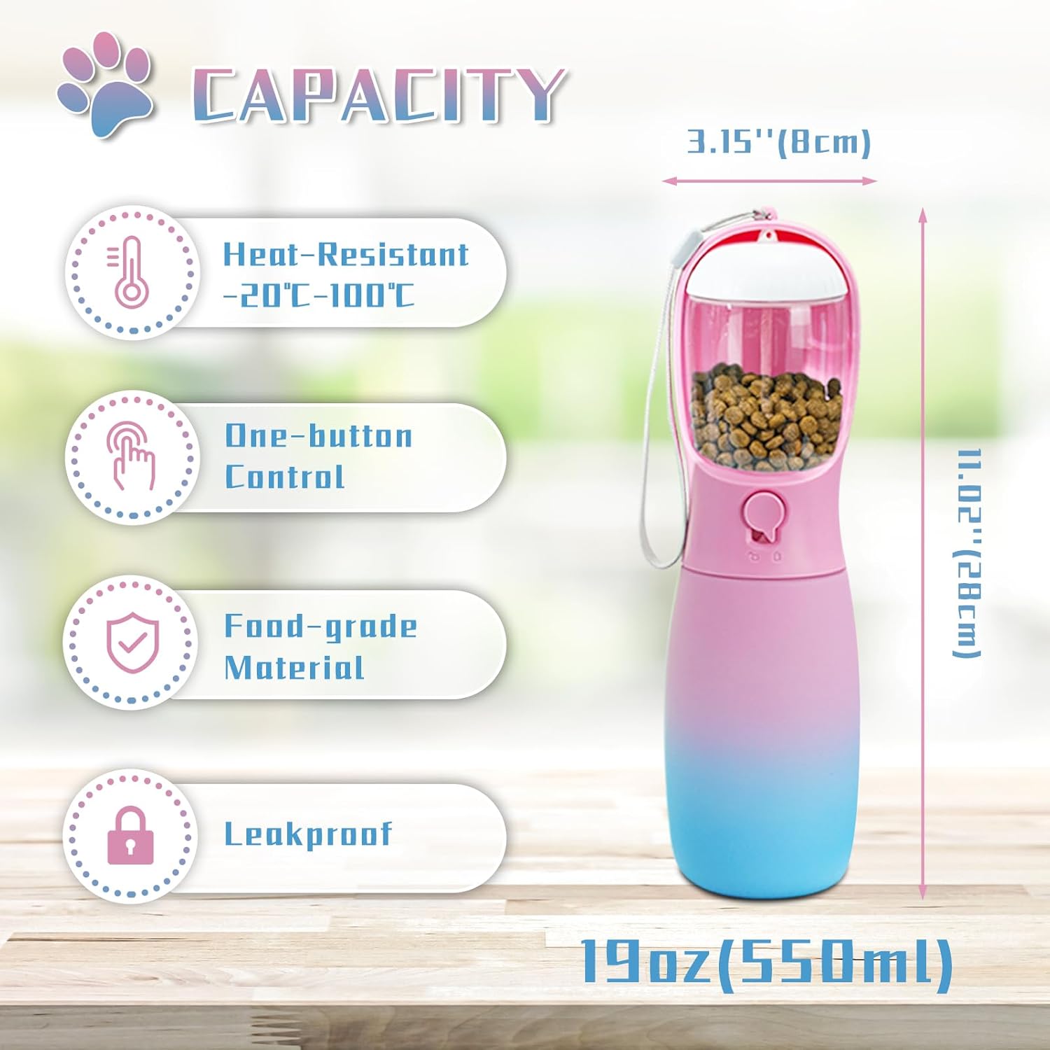2-in-1 Bottle, Grade Travel Bottle for Dogs with Food Container, 19Oz Portable Water Bowl Dispenser, Dog Birthday Gifts,