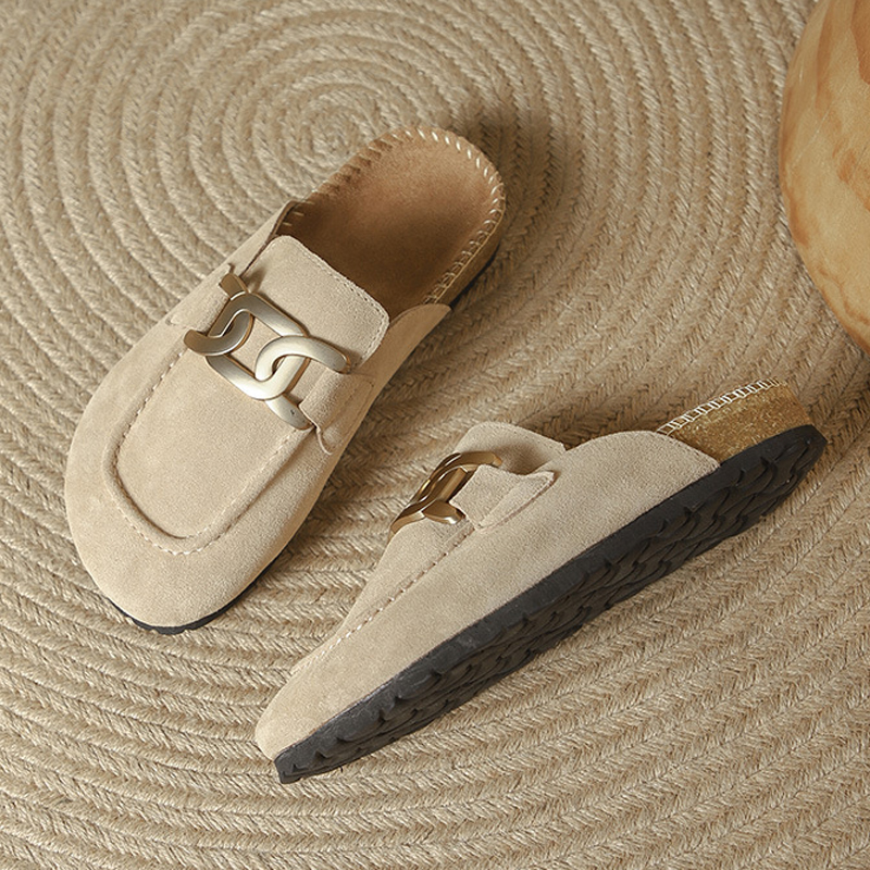 Chain Metal Slippers Woman Nubuck Leather Flat Sandals Cover Toe Mules Femme Cork Slides Outside Clogs Sandalia Ladies Flipps