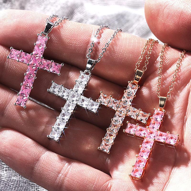 Diamond Stone Cross Pendants Necklace Jewelry Platinum Plated Men Women Lover Gift Couple Religious Jewelry