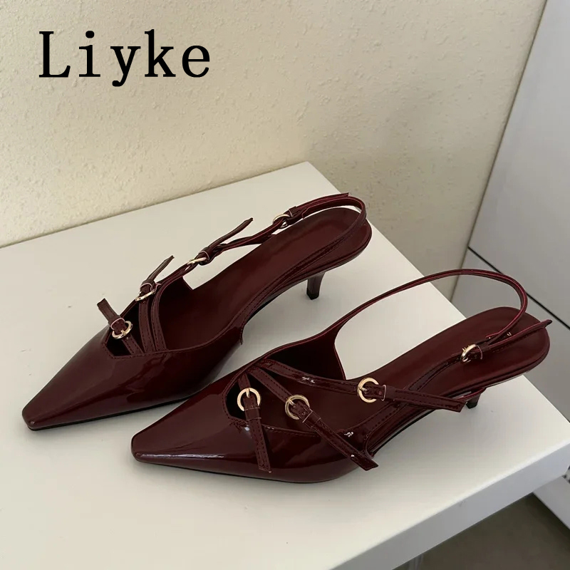 Liyke Sexy Slingbacks Narrow Band Buckle Strap Pumps Women Pointed Toe Low Thin Heels Wedding Party Mules Shoes Female Sandals