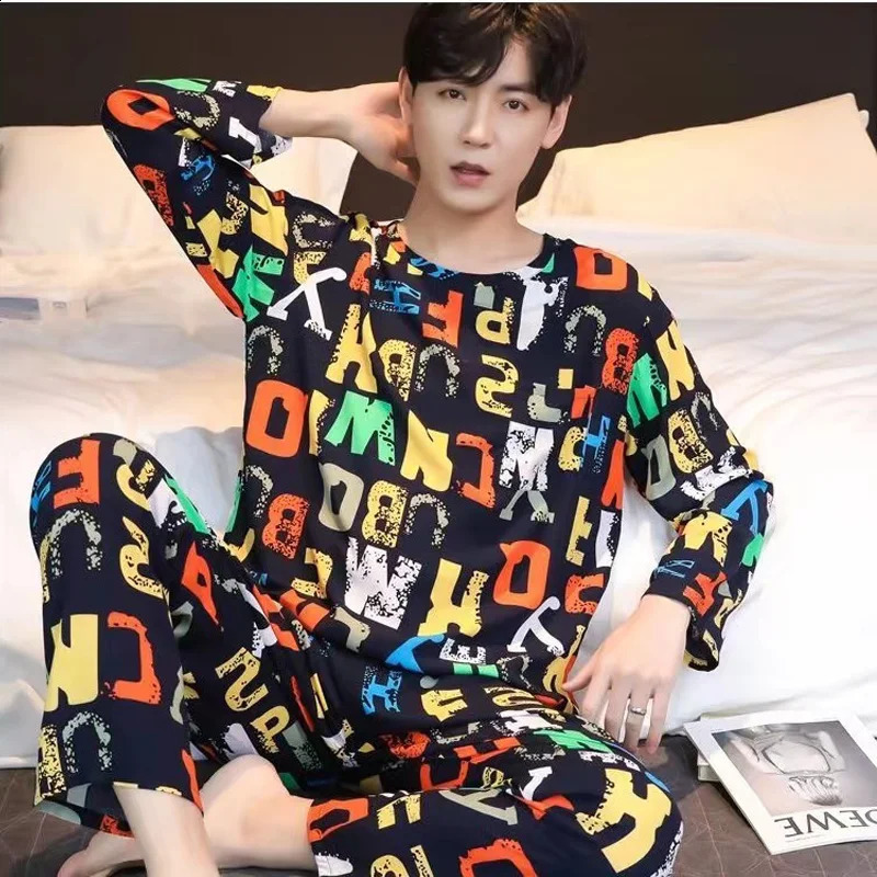 Mens Pajamas Two-Piece Mens Long-Sleeved Pyjamas Spring And Autumn Thin Section Of The Large Size Leisure Home Wear Suit 240819