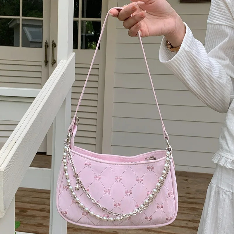 1 Piece Chic France Shoulder for Girl Sweet Fashion Bowknot Style Baguette Elegant Student Phone Lipstick Bag 240730 d443