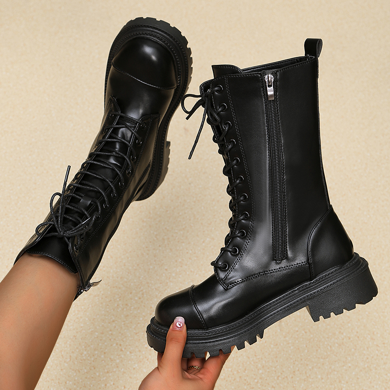 Black PU Leather Combat Boots for Women 2023 Autumn Winter Non Slip Motorcycle Boots Woman Fashion Platform Ankle Botas Mujer