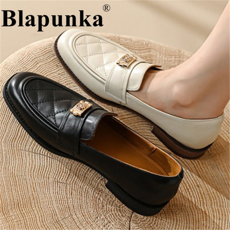 Blapunka Retro Women Genuine Leather Loafers Hand Made Designer Quilted Slip-on Shoes Metal Decorate Black Beige Flats Autumn 40
