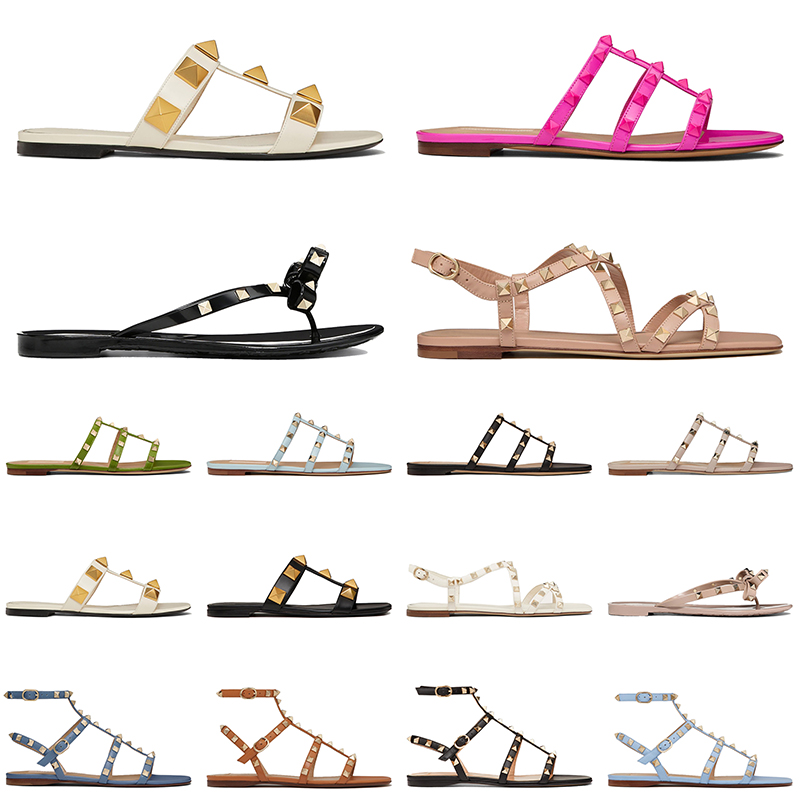 2024 designer women luxury sandals dress shoes famous stud summer flat heels leather rivet black pointed peep-toes lady sexy party wedding platform with box