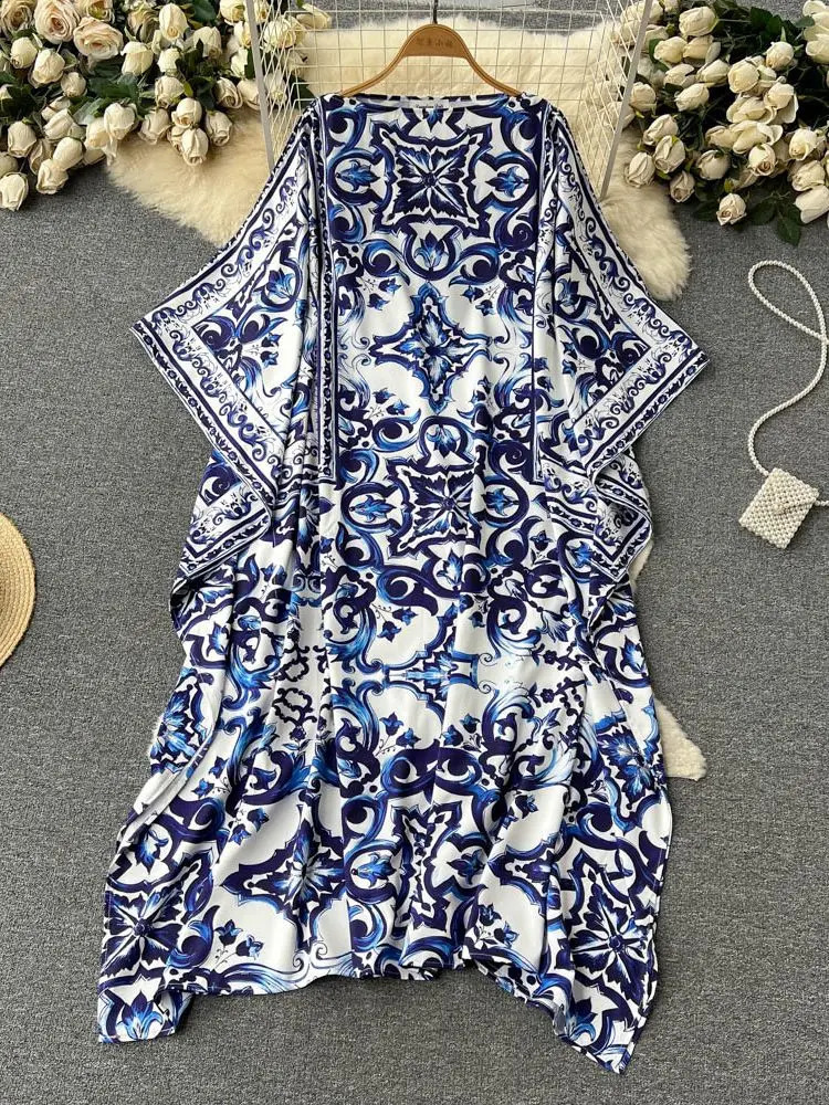 Summer Fashion Blue And White Porcelain Print Long Loose Robe Womens Batwing Sleeve Retro Slash Neck Side Split Maxi Dress240730
