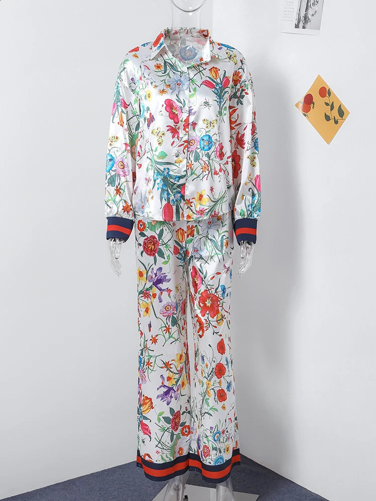 Floral Print Shirt Trousers Set Women Summer Lapel Single Breasted Shirts Wide Leg Pants 2024 Casual Fashion Lady 2 Pieces Sets240730
