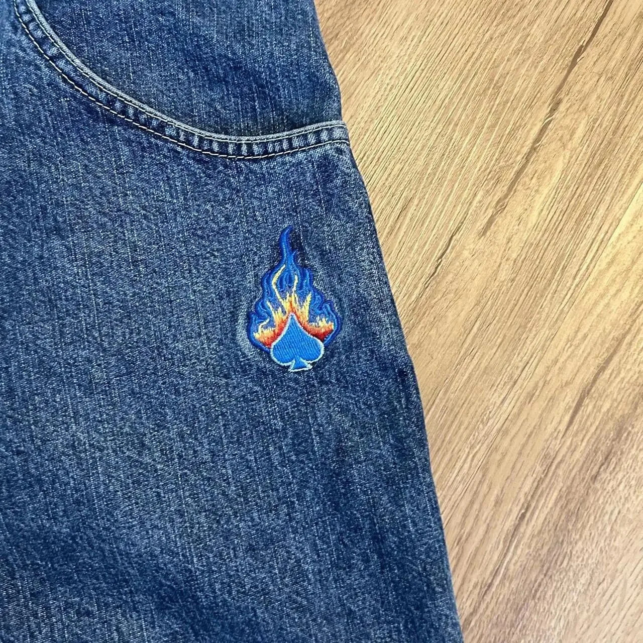 American Denim Trousers Mens Poker Graphic Embroidery Retro Blue Jeans For Men And Women Y2K Harajuku Gothic Punk Slacks 240730