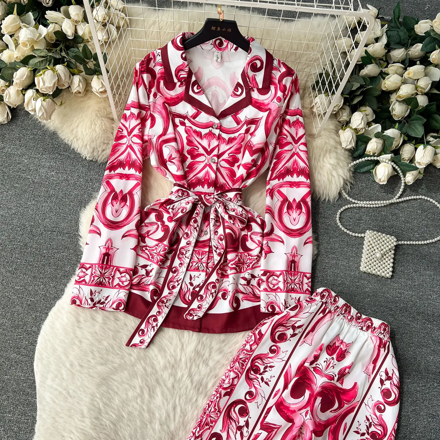 JAMERARY quality Two-piece Set For Women Notched Collar Red Blue White Porcelain Print Jackets Top Floral Wide Leg Pants Suits240730