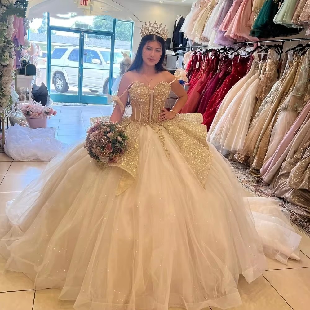 2025 Sparkly Champagne Quinceanera Dresses Ball Gown Applique Beaded Tiered Mexican Corset Sweet 16 Vestidos De 15 Anos